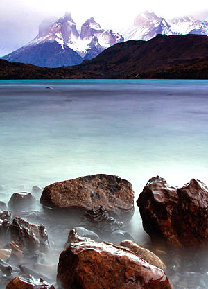 Pehoe Lake and the Cuernos del Paine - Horns of the Paine - mountain range, Torres del Paine, Chile