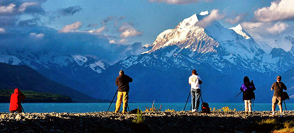 Mount Cook, South Island, New Zealand, with photo tour clients taking a picture