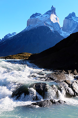 Patgonia: Cascade on the River Paine, with Cuernos, the horns, Torres del Paine, Chile